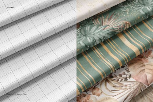 Stacked fabric layers in a PSD mockup, featuring various patterns including grid, stripes, and botanical designs.