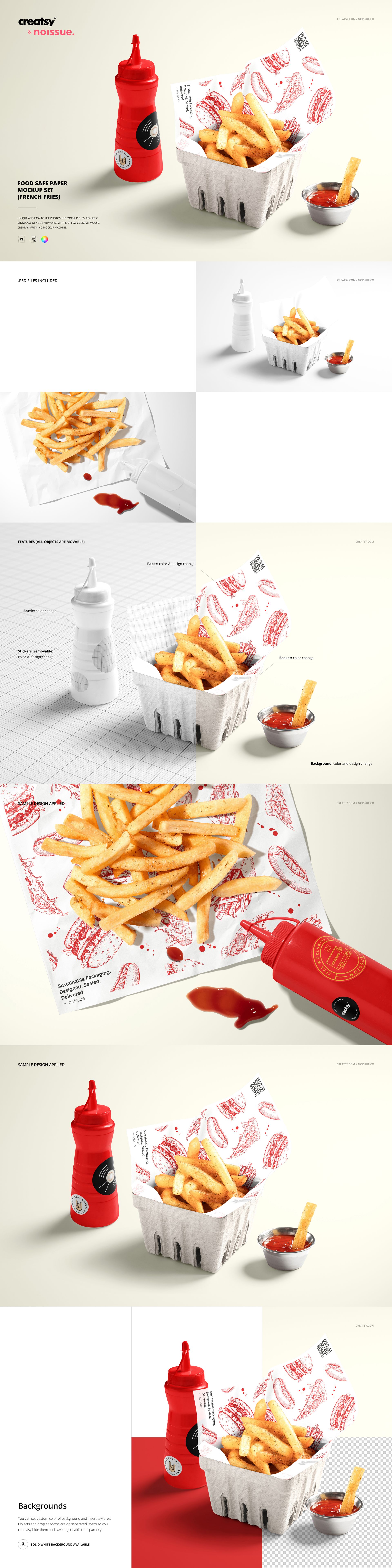 Mockup scene featuring fries in a paper tray with custom food safe paper, ketchup bottle, and dipping sauce, top view.