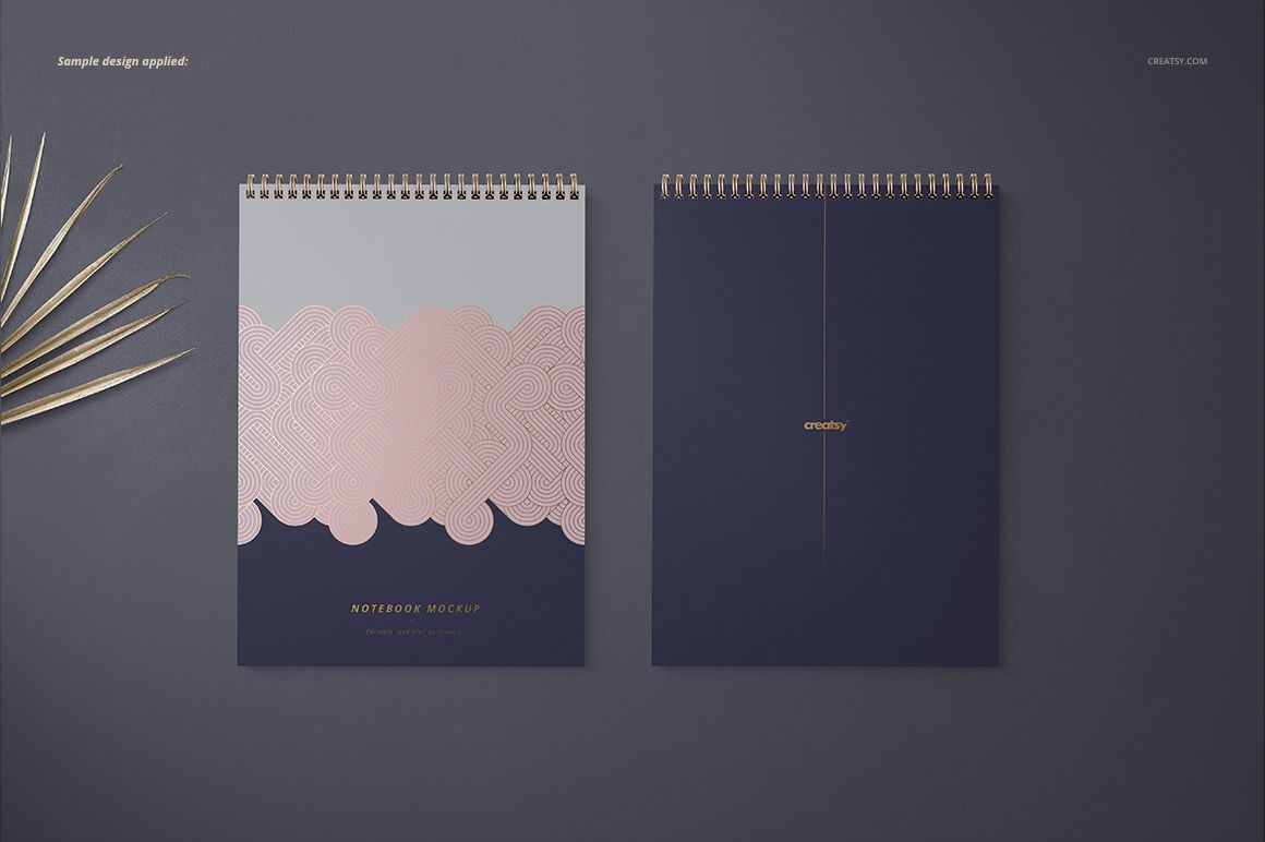 Two A4 spiral notebook mockups placed side by side, featuring gold spirals and contrasting cover designs.