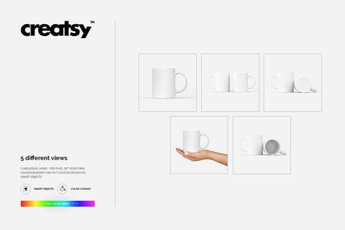PSD mockup set featuring multiple views of blank white mugs, arranged on a light surface with minimal props.