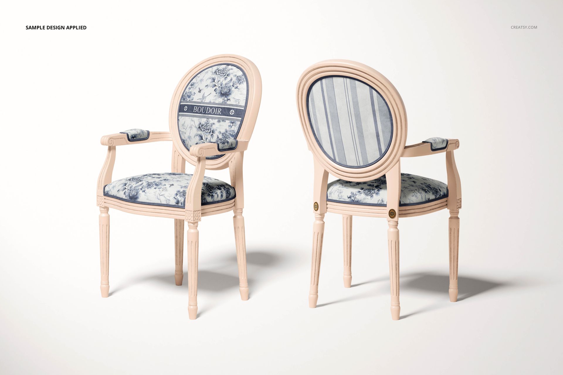 Louis XVI style chairs with carved legs and medallion backs, upholstered in blue toile and stripe designs, displayed in a mockup scene.