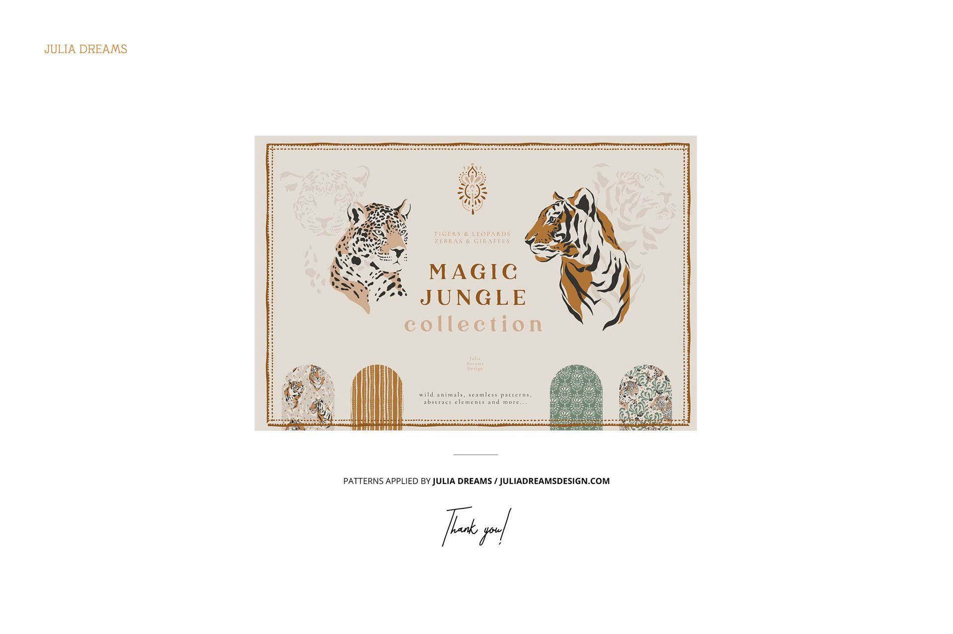 Front view of fabric rolls mockup featuring three patterned textile samples and illustrated jungle animals on a beige background.