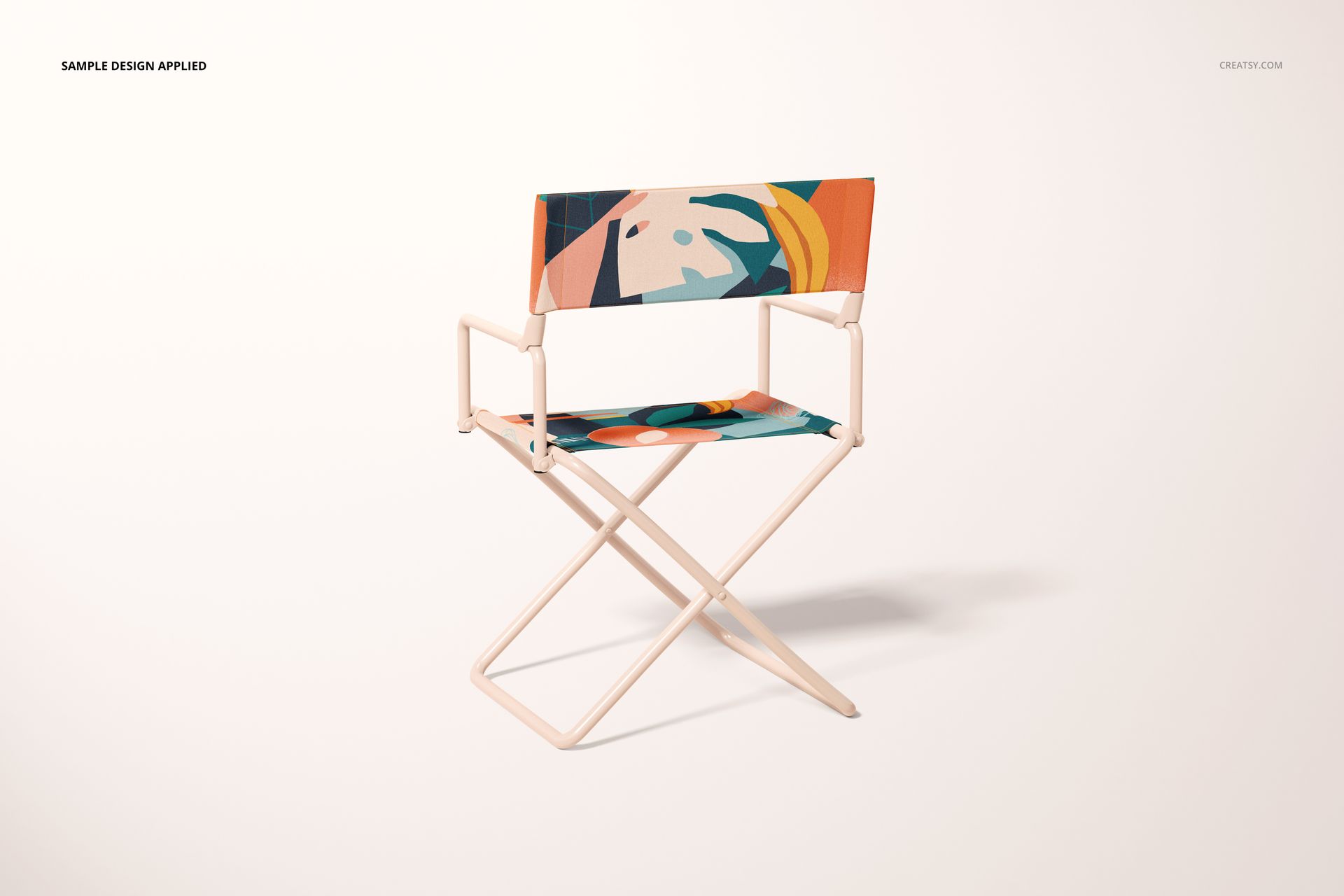 Mockup of a folding directors chair with beige frame and vibrant geometric design on fabric, isolated against a plain backdrop.