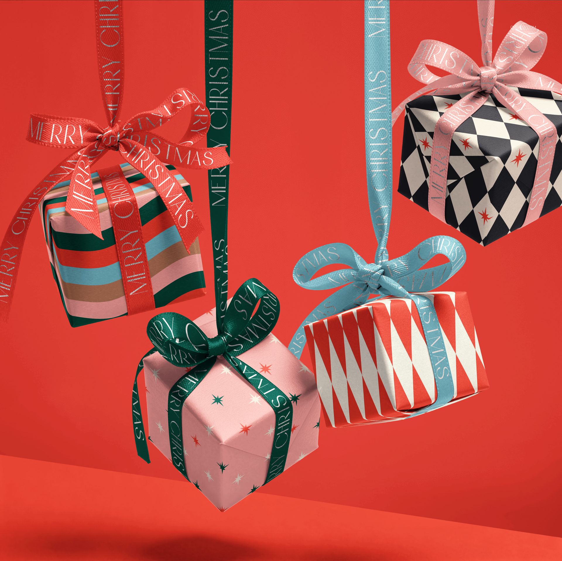 PSD mockup showing hanging holiday gift boxes with star, diamond, and stripe patterns, set against a red scene.