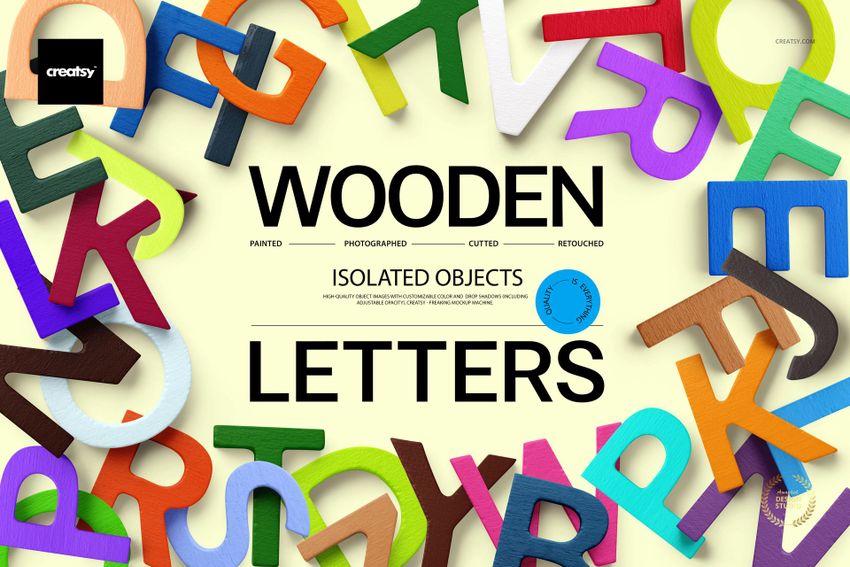 PSD mockup featuring assorted painted wooden alphabet letters placed around the edges of a pale background, front view.