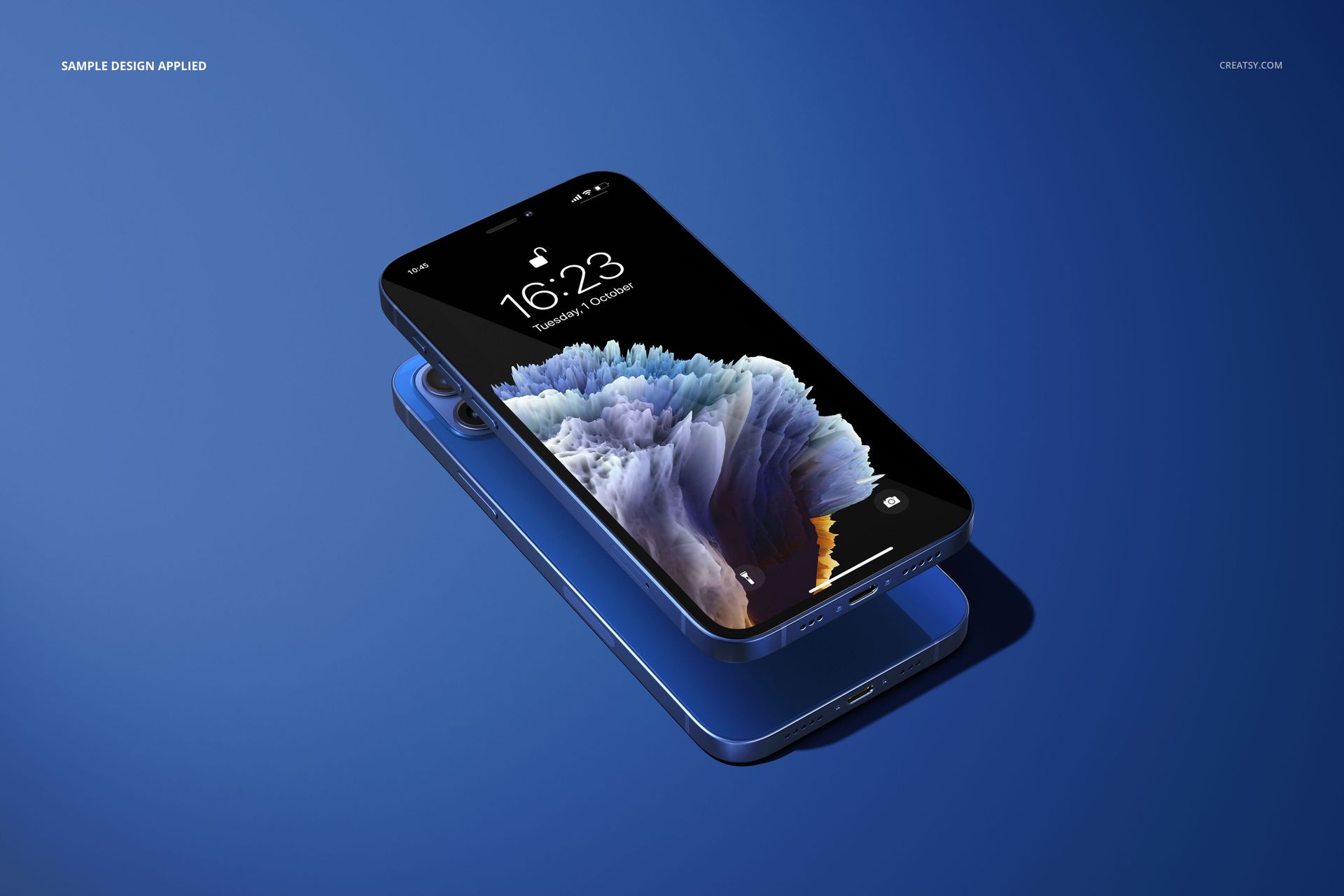 Stacked iPhone 12 mockup set in blue, top device showing a vivid display, angled view on a matching blue background.
