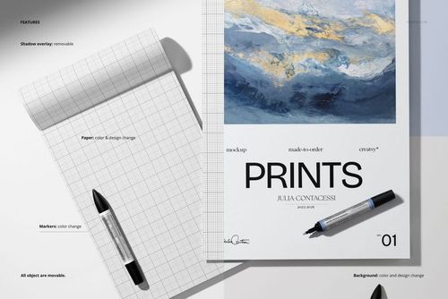 PSD mockup featuring a spiral sketch pad with grid paper, a vertical art print pad, and two markers in daylight.
