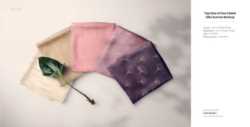 PSD mockup showing five silk fabric squares in cream, blush, and plum hues, neatly arranged on a flat background.