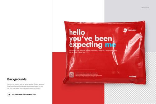 Red poly mailer packaging mockup displayed from a front angle on a geometric background with white and gray panels.