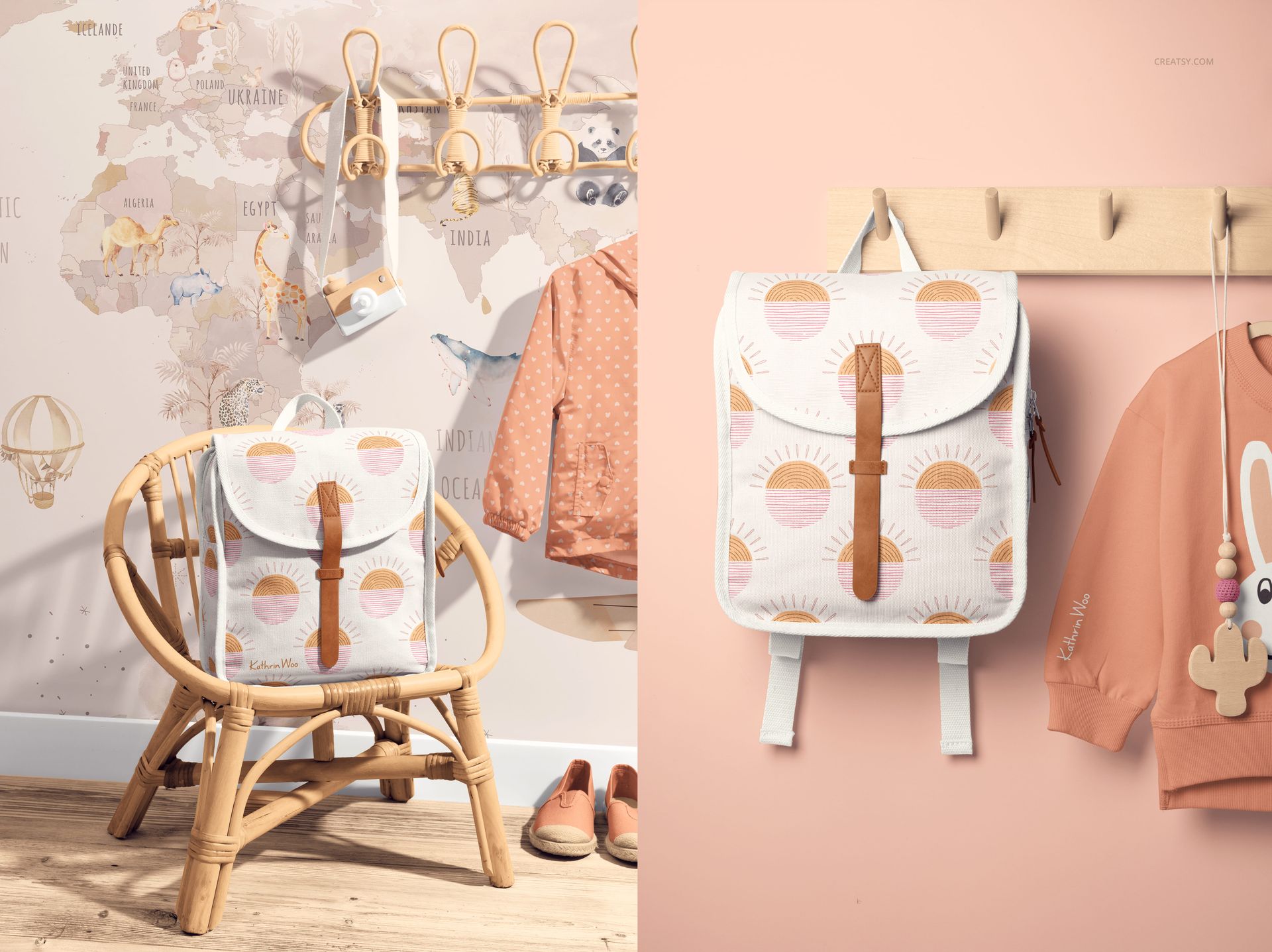 Children’s backpack mockup featuring a white bag with pastel sun designs, displayed in a cozy room with travel-themed decor.