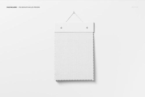 Front view of a fabric swatch mockup hanging on a white wall, featuring a rectangular textile with zigzag edges.