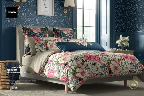 Floral bedding mockup displayed in a cozy bedroom with blue wallpaper, wooden nightstand, and framed wall art.