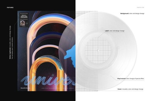 Front view of a vinyl record and cover mockup set, featuring a colorful abstract arch design and transparent record.