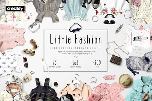 Little Fashion Kids Apparel Mockup Bundle showing a top view of kids clothing and accessories with a variety of patterns.