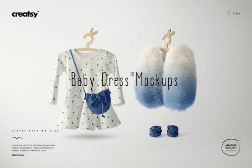 PSD mockup featuring a baby dress with blue accents, soft slippers in gradient white to blue, and tiny matching shoes.
