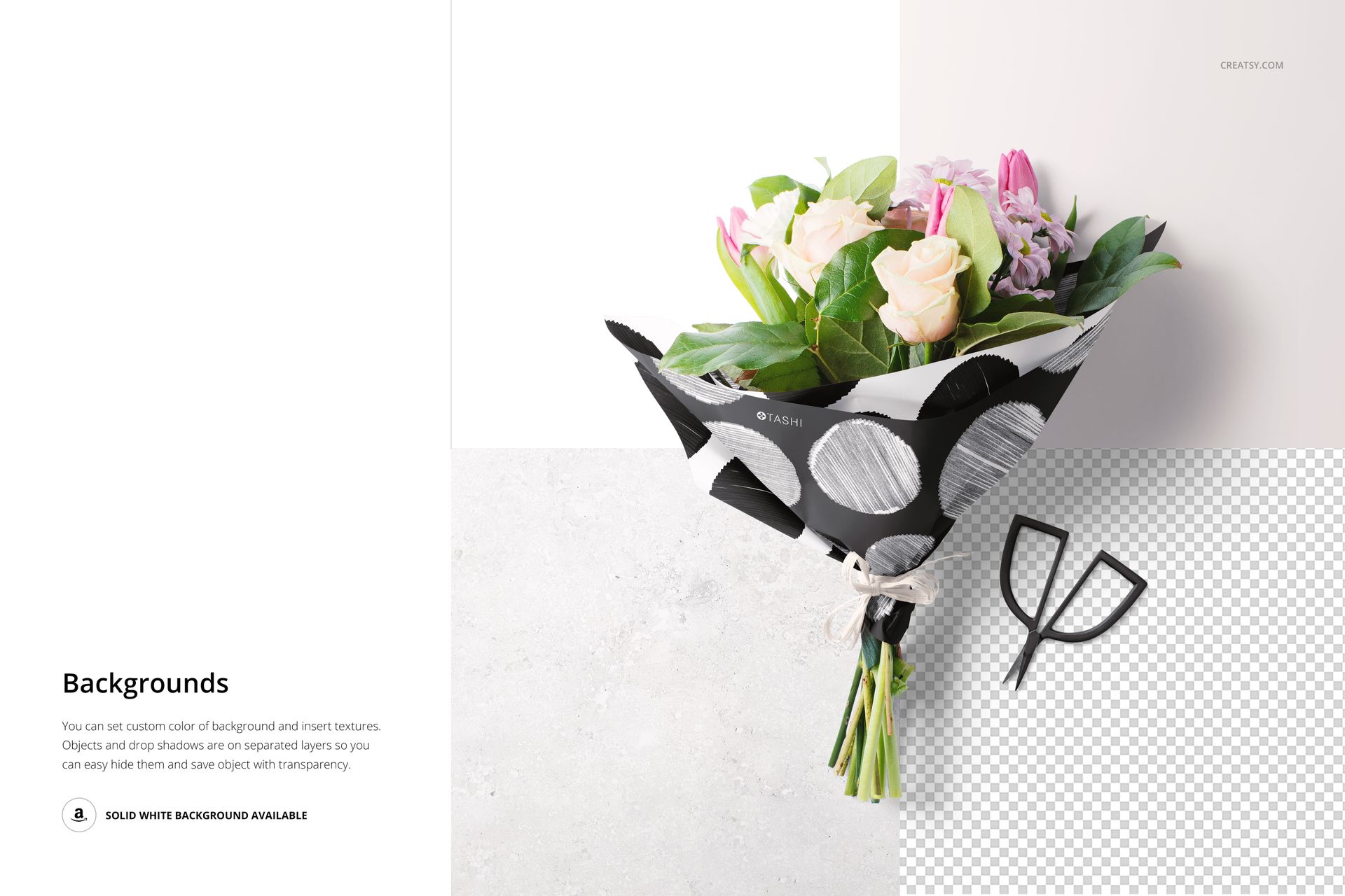 PSD mockup showing a flower bouquet in patterned wrapping paper, with visible scissors and customizable background options.