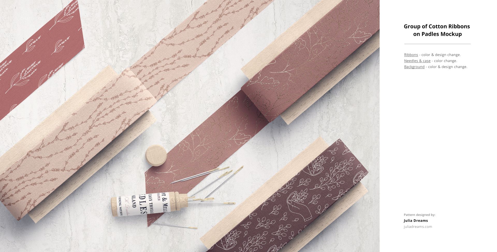 Fabric Factory v.9 PSD mockup showing multiple fabric ribbons in muted pink and brown shades with nature motifs.