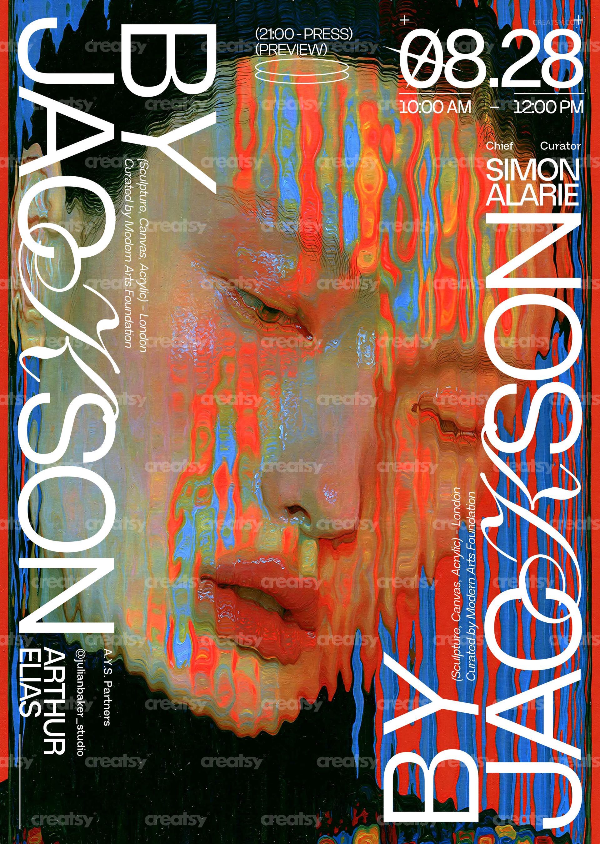 PSD mockup poster with vibrant acrylic pulse pattern, distorted face artwork, and large vertical white lettering.