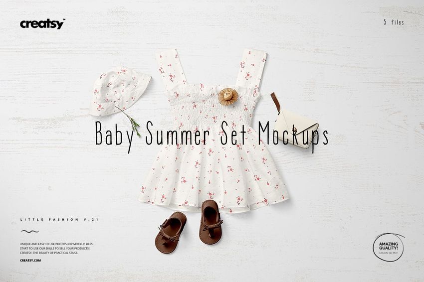 Baby summer set mockup featuring a white dress with small pink floral pattern, matching hat, brown sandals, and accessories on a light background.