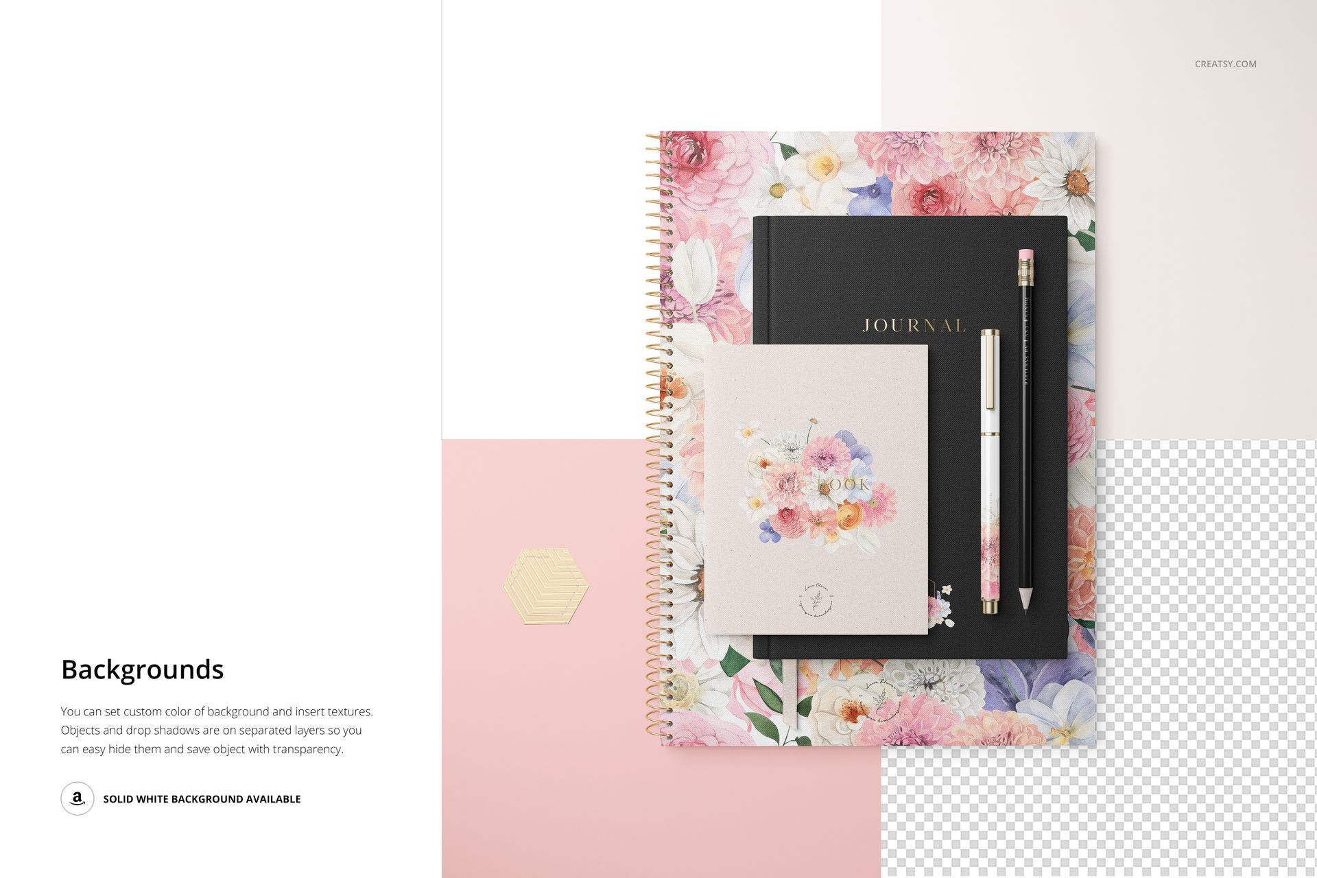 Stationery set with spiral notebook, journal, and floral card arranged on pastel backgrounds, top view mockup.