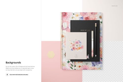Stationery set with spiral notebook, journal, and floral card arranged on pastel backgrounds, top view mockup.