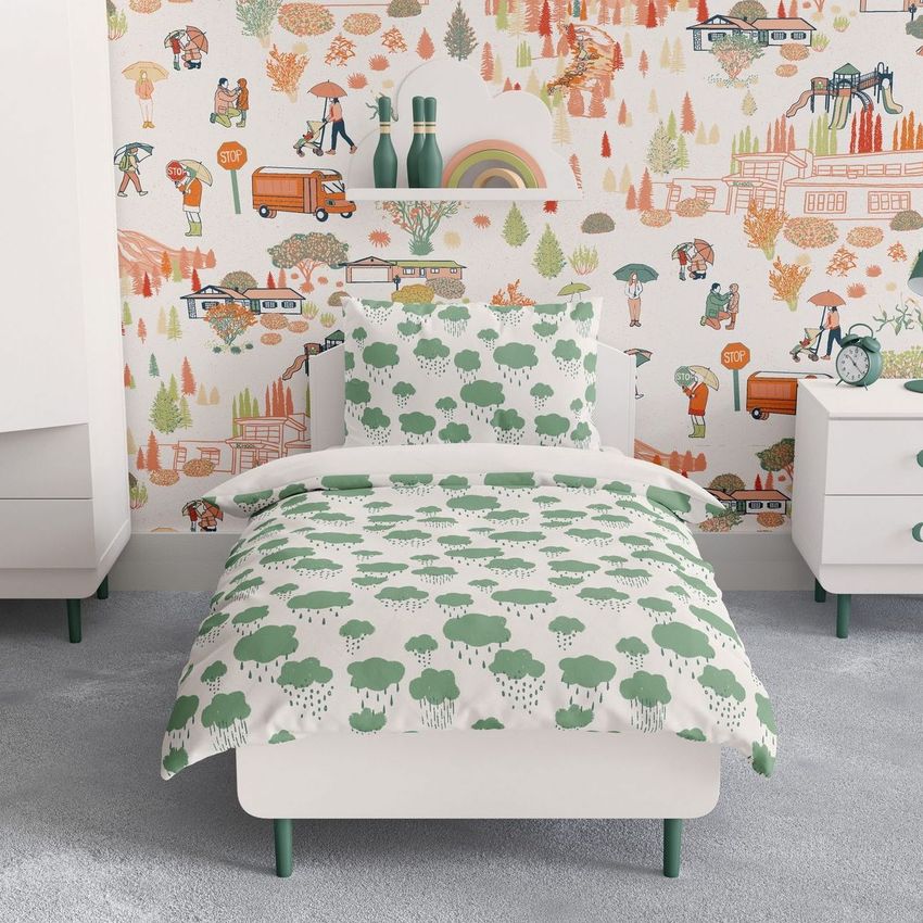 Kids bedding mockup set featuring a bed with green and white patterned duvet and pillow, placed in a colorful illustrated bedroom.