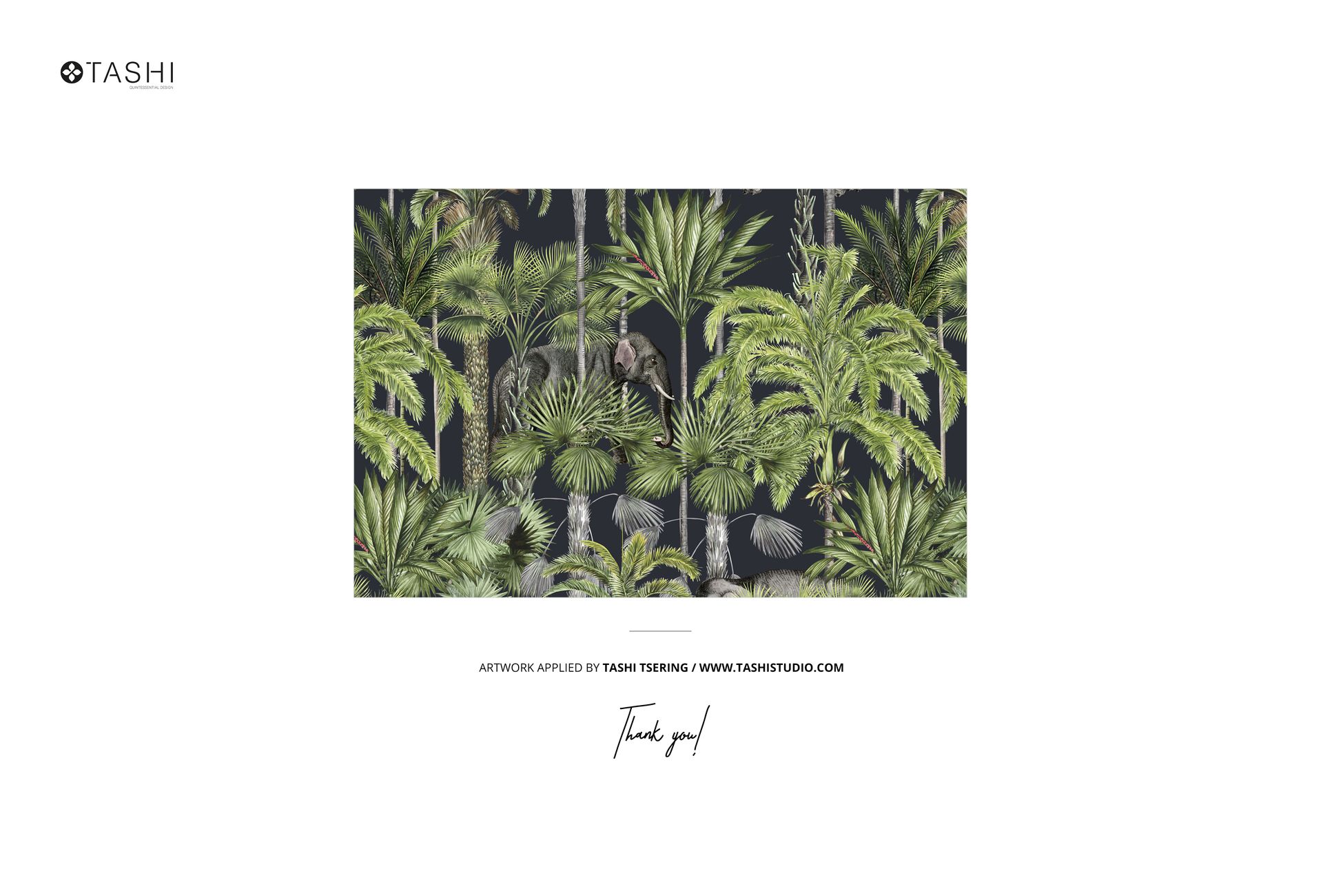 Front view of a living room wallpaper mockup featuring a tropical palm tree pattern in green and dark tones.