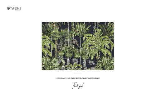 Front view of a living room wallpaper mockup featuring a tropical palm tree pattern in green and dark tones.