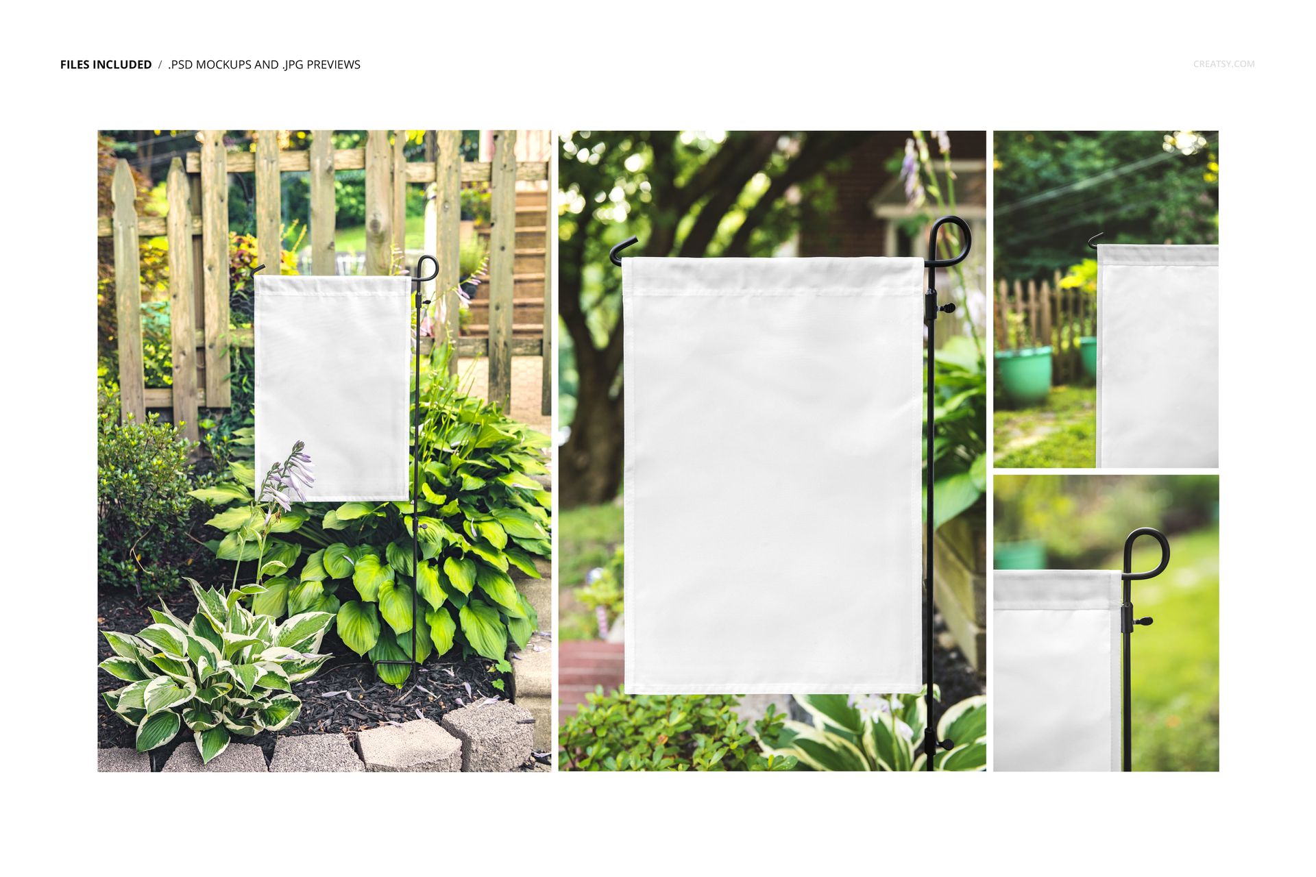 Blank yard flag mockup on a stand in a lush garden with wooden fence and various leafy plants in the background.