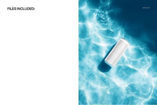 Tall soda can with a blank white label floating in clear blue pool water, viewed from above in a mockup scene.