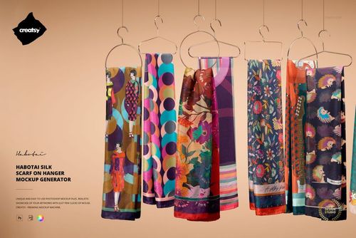 PSD mockup showing multiple patterned silk scarves on hangers, hand-rolled borders visible, neutral background.