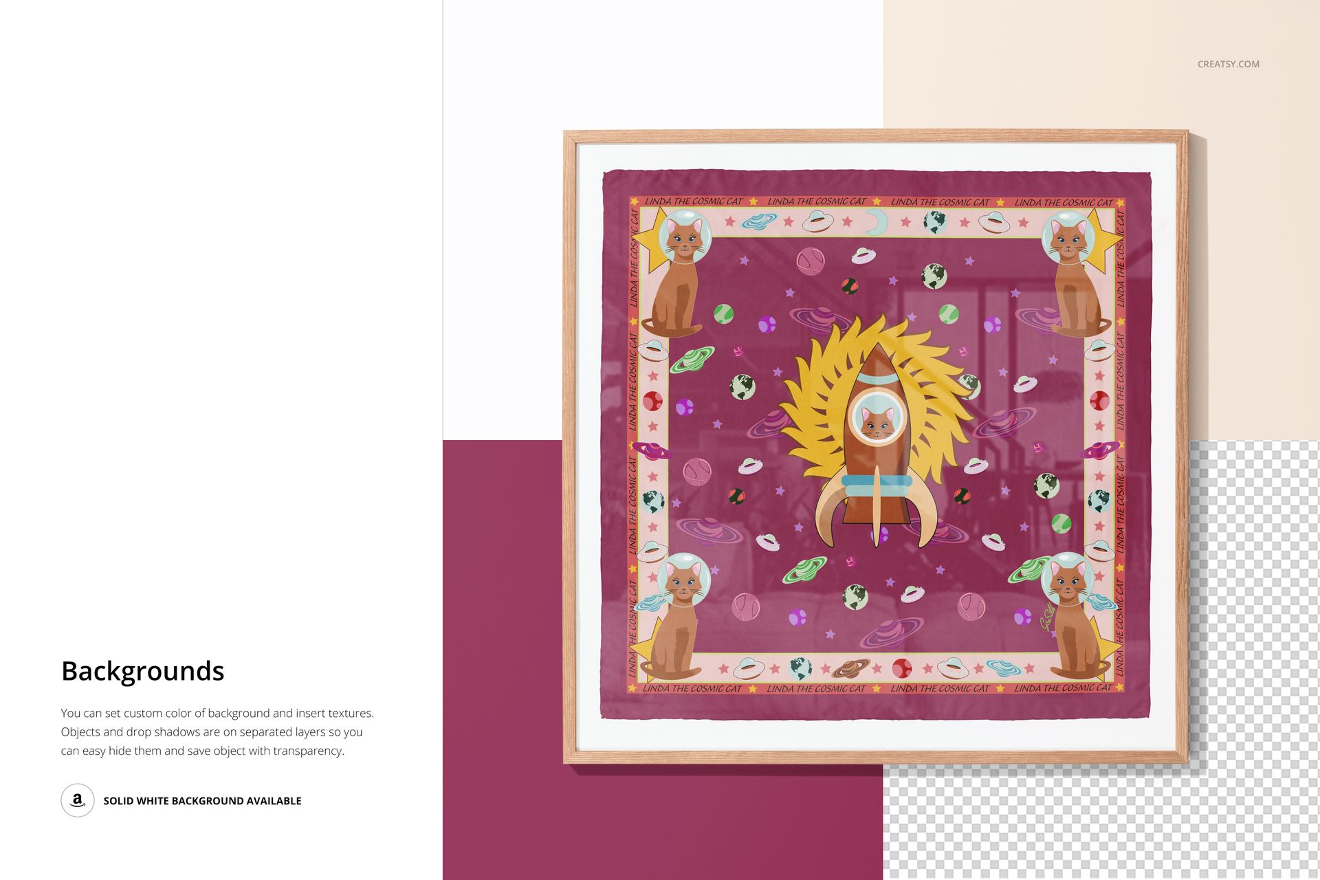 Framed silk scarf mockup showing a vibrant design with animals and foliage, centered on a geometric wall background.