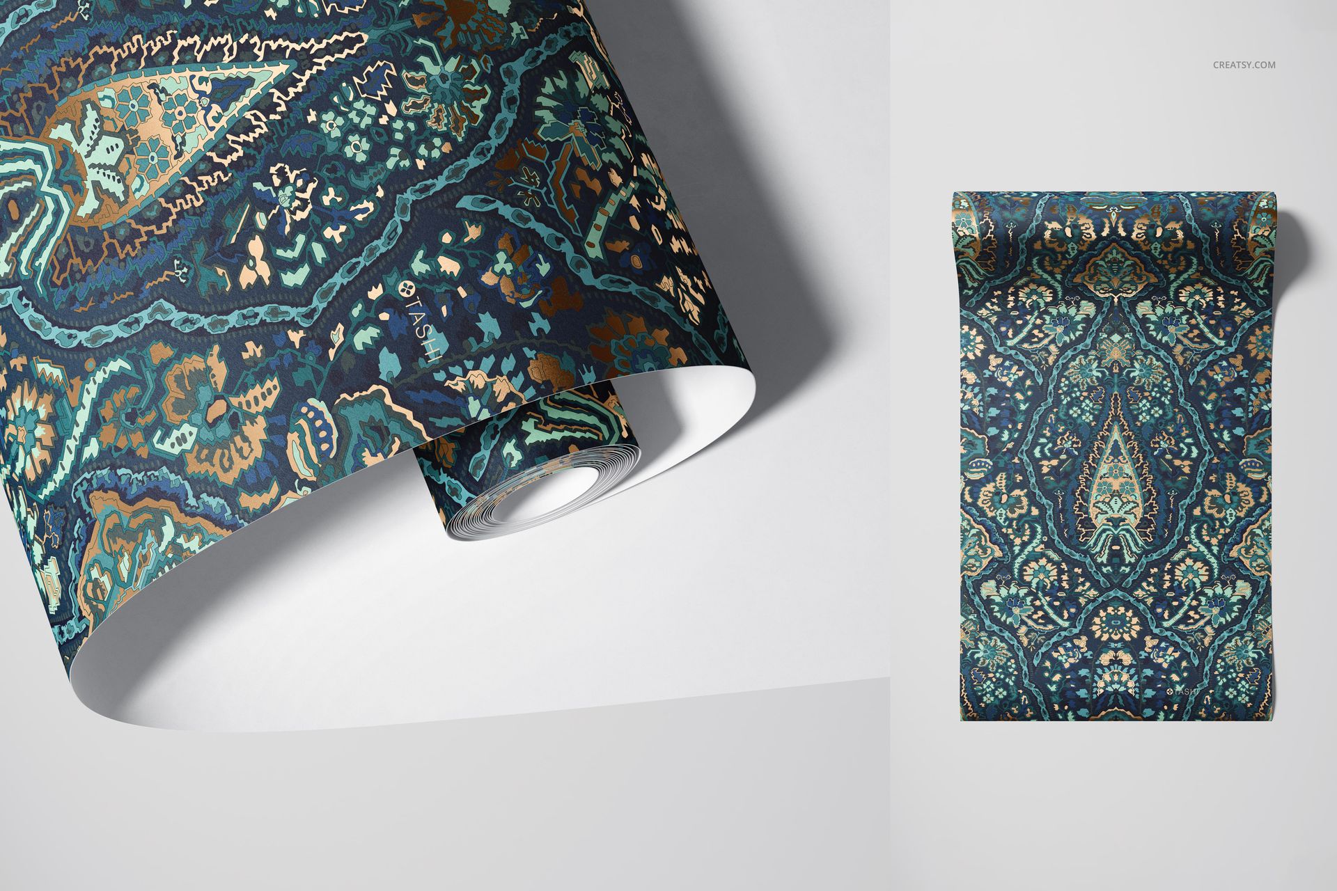 Paper wallpaper mockup featuring a detailed blue and green floral design, displayed as a roll and a flat sheet on a light background.