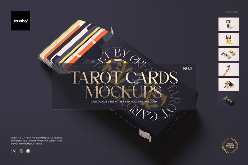 Front view of a tarot cards mockup set with colorful card designs displayed next to a dark box on a neutral background.