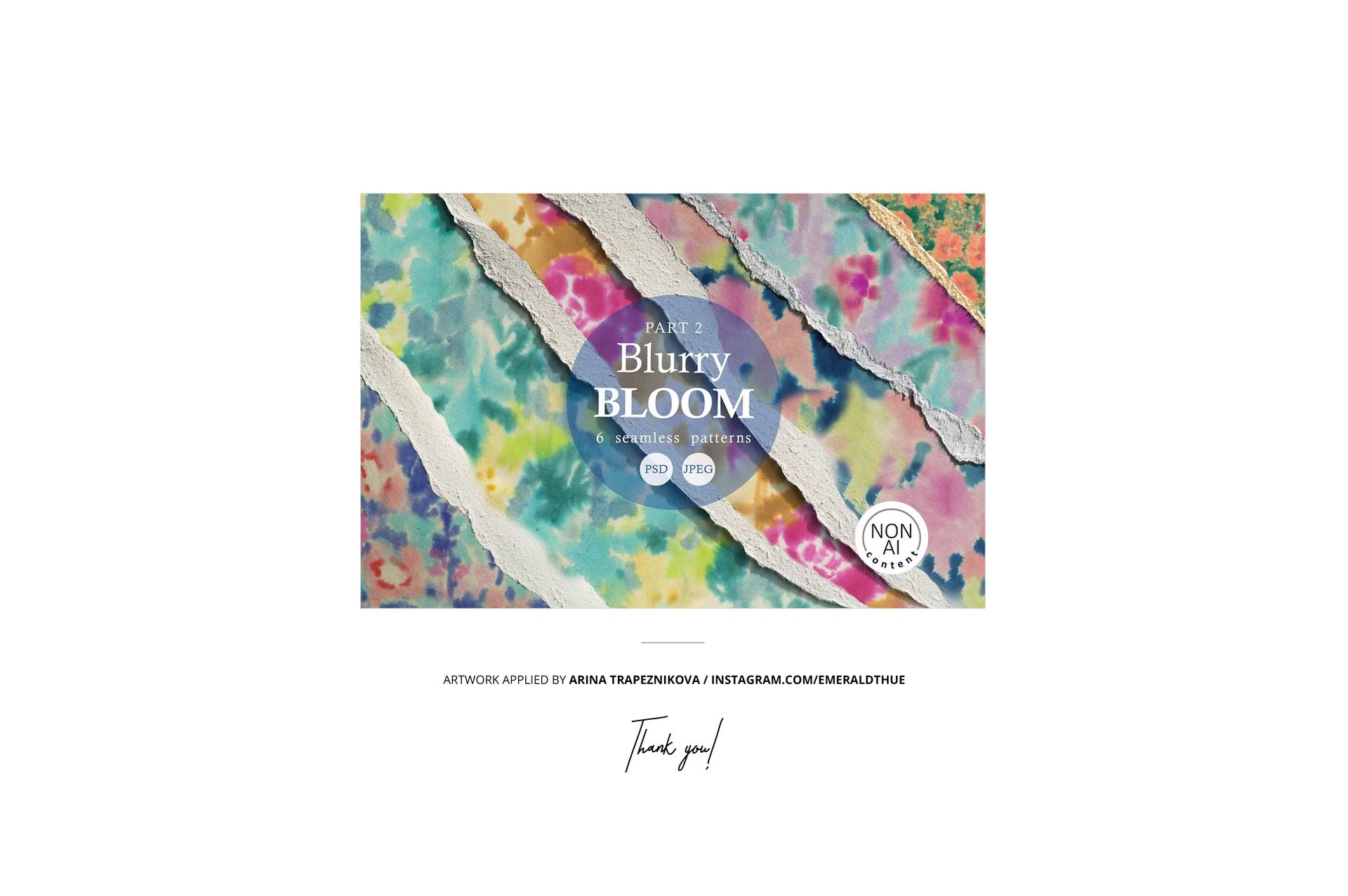 Abstract floral pattern mockup featuring pastel and vibrant colors on layered torn paper strips with text overlay.