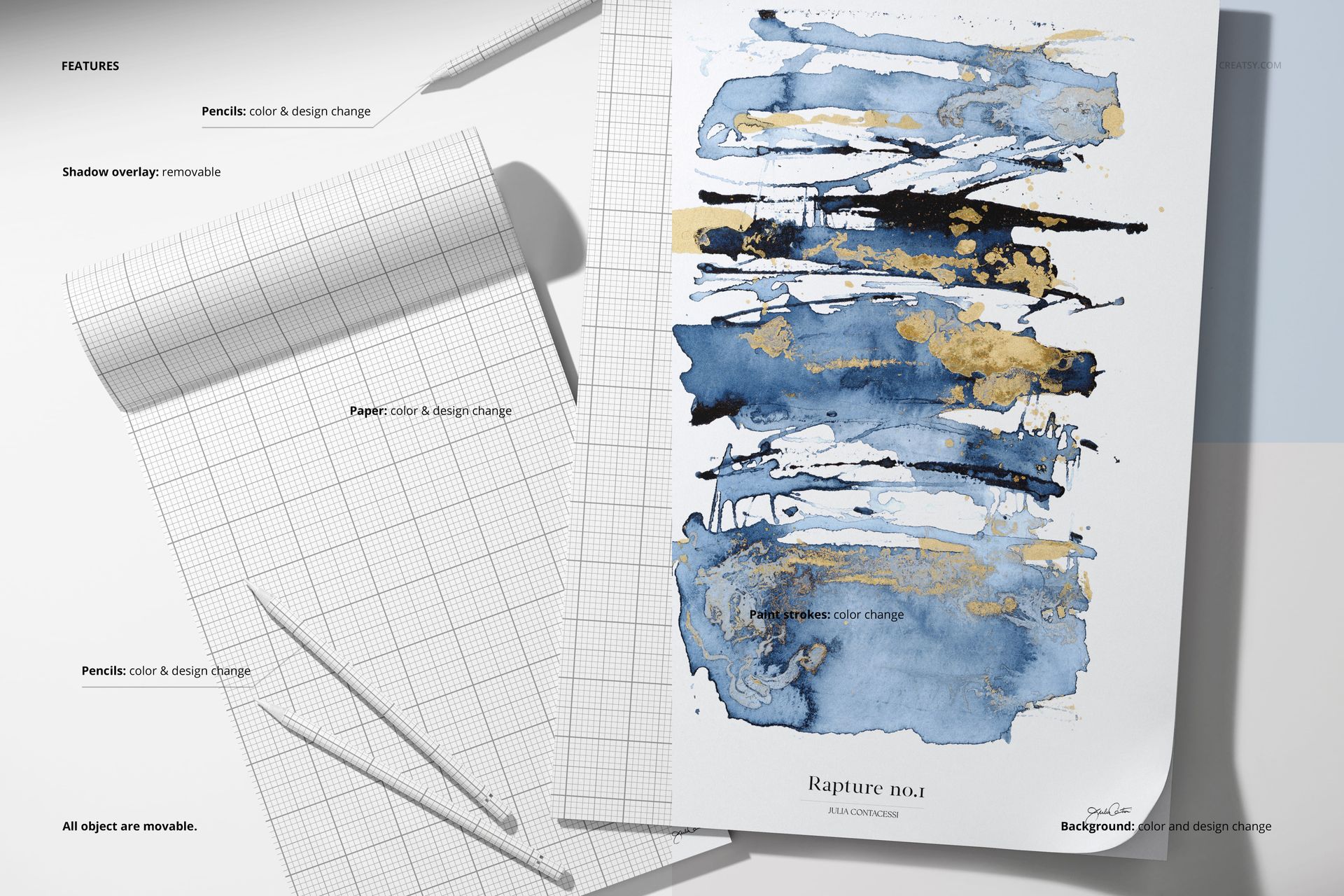 PSD mockup displaying two paper pads, one with a grid pattern and one with abstract art, plus two white pencils in a creative workspace.