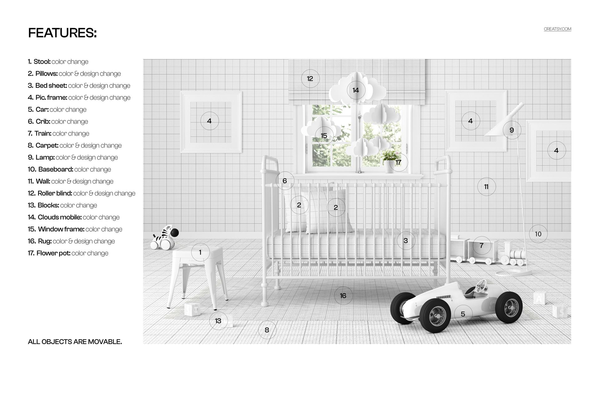 PSD mockup showing a vintage metal crib in a bright nursery with a toy car, wall art, and minimal decor.