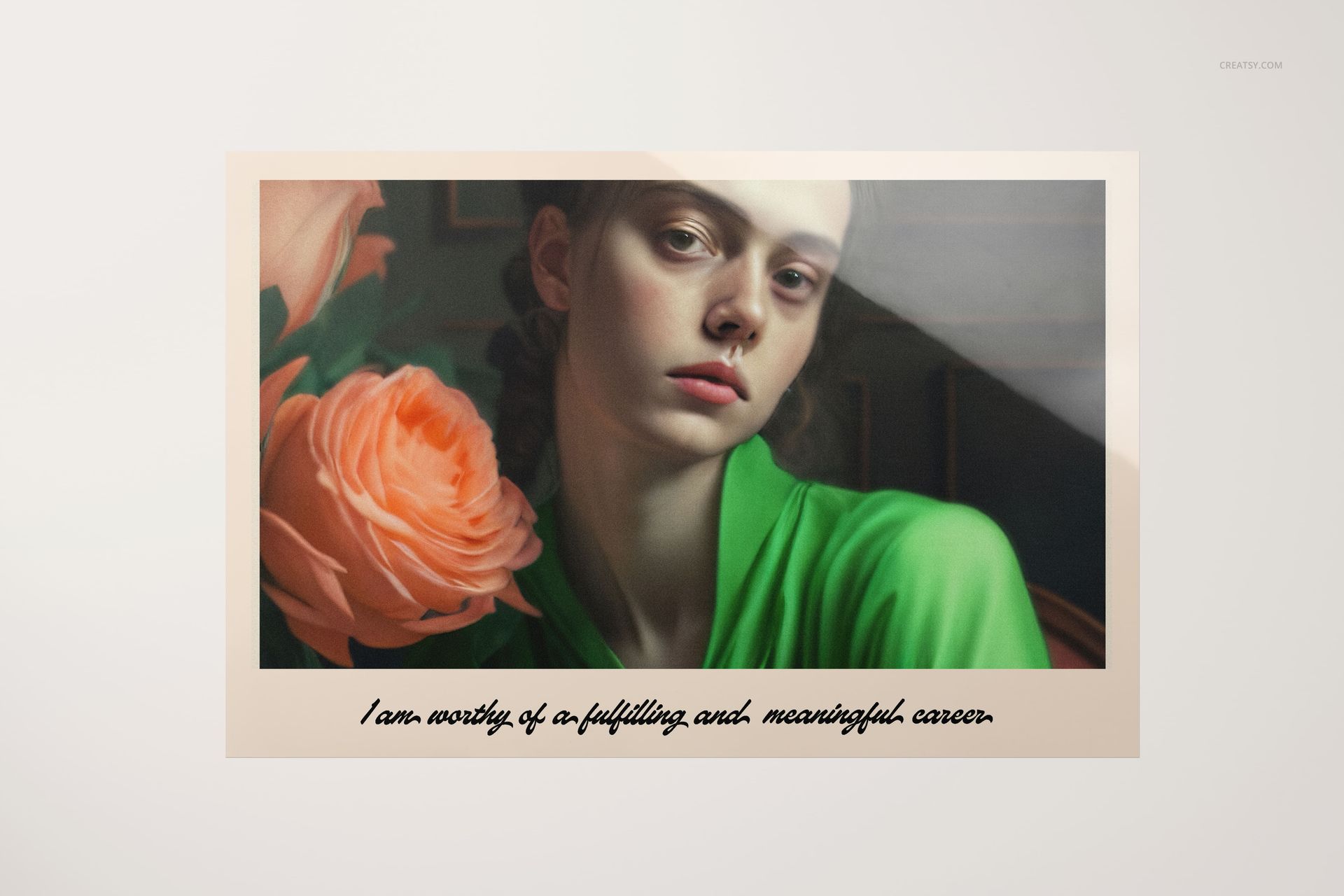 Glossy PVC poster mockup featuring a floral design and handwritten text, displayed on a light wall background.