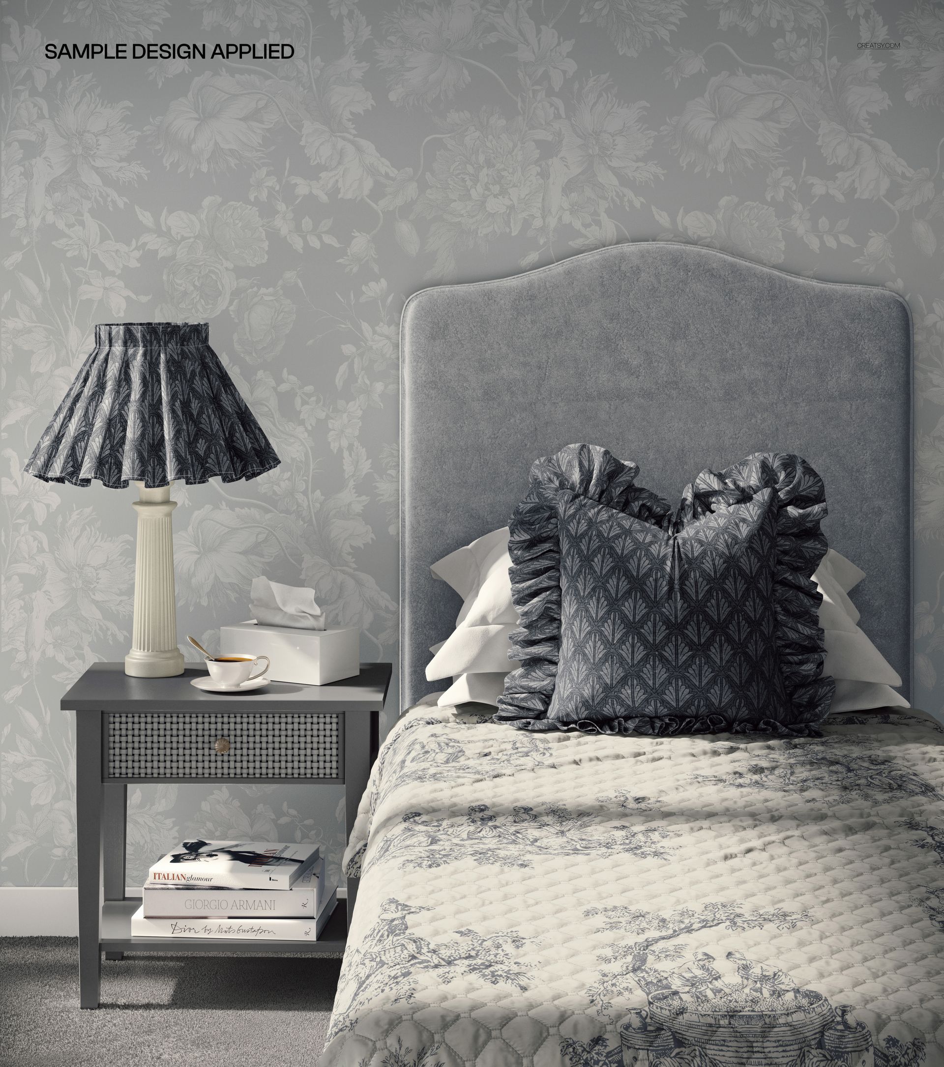 Front view of a grandmillennial bedroom bedding mockup with layered pillows, patterned duvet, and classic decor.