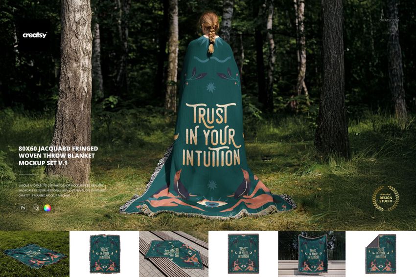 Mockup set showing a jacquard fringed blanket with artistic typography and patterns, displayed outdoors among trees.