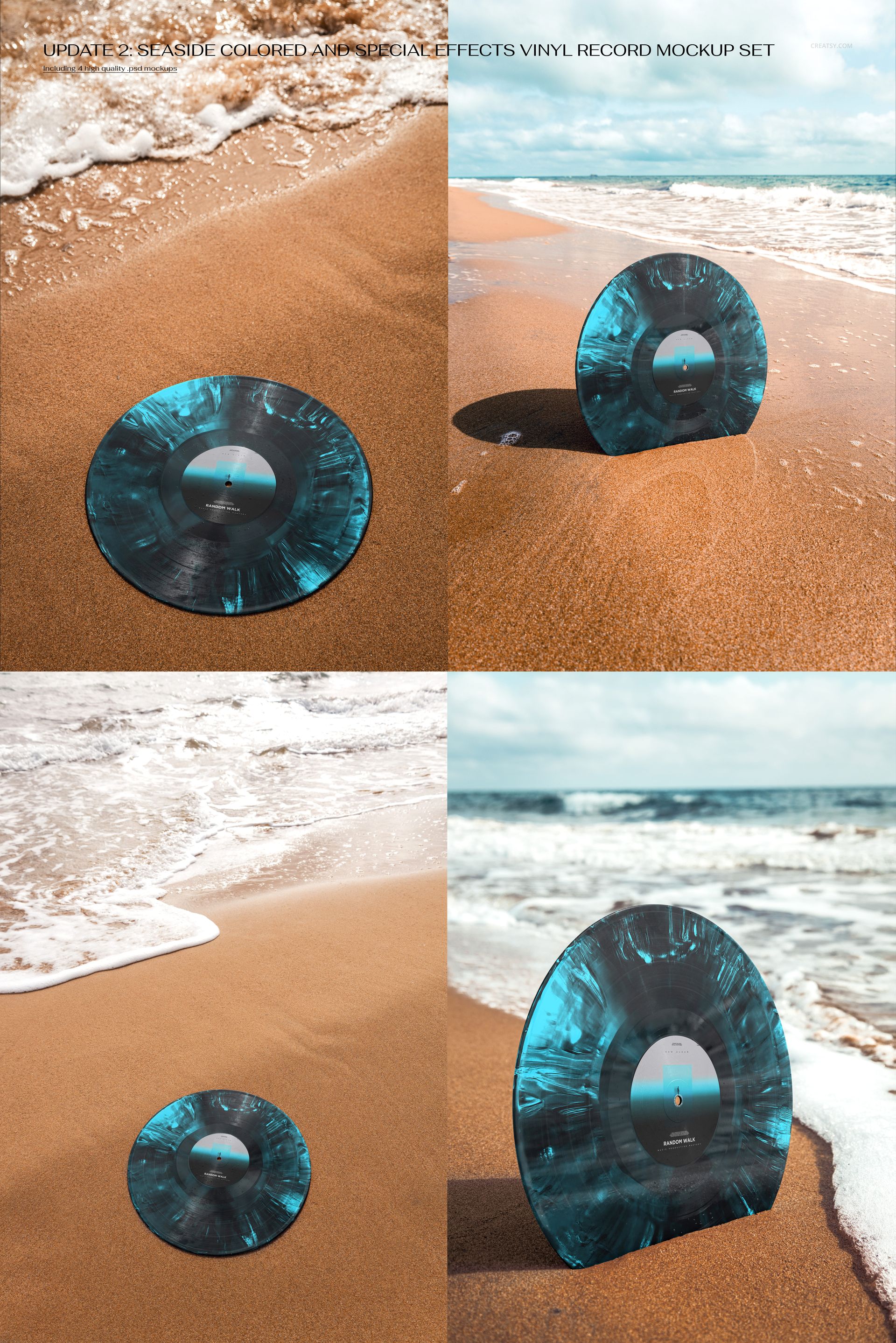 Blue marbled vinyl record displayed upright and flat on sandy beach, with ocean waves in the background, mockup scene.