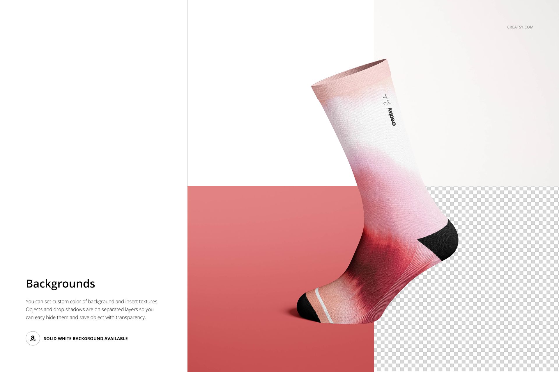 Long sock mockup displayed at an angle, featuring a gradient pattern in pink, white, and black on a split background.