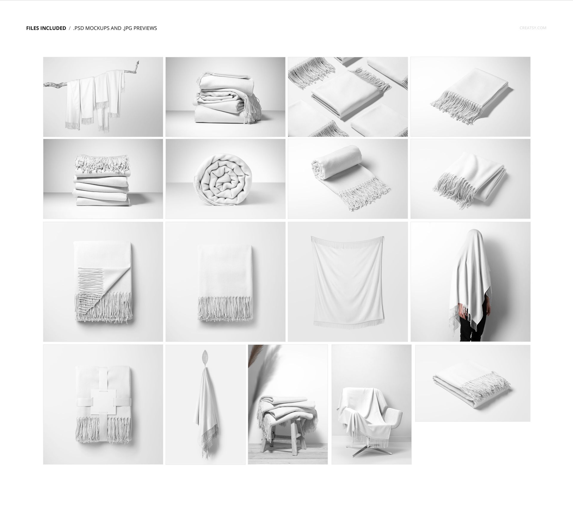 White tassel fringe blanket shown in various mockup scenes, including folded, draped, and hanging views on a plain background.
