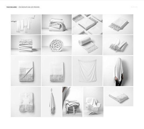 White tassel fringe blanket shown in various mockup scenes, including folded, draped, and hanging views on a plain background.