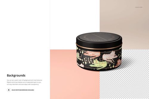 Satin finish candle tin mockup with cotton wick, decorated with pastel floral design, displayed on a color-blocked surface.