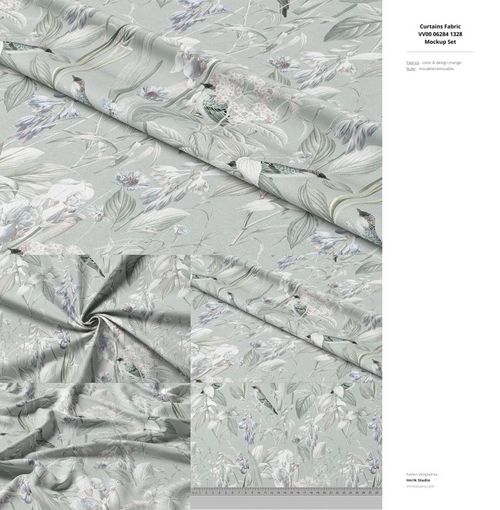Textured fabric displayed in a PSD mockup, featuring a subtle floral and bird design in pale colors, viewed from above.