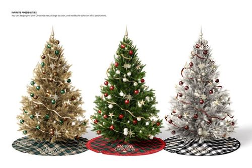 Christmas tree skirt mockup featuring three festive trees with varied decorations and checkered skirts, arranged in a row.