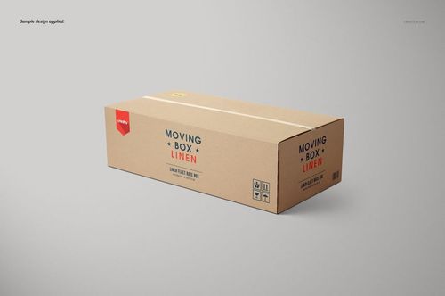 PSD mockup of a long moving box with custom design elements, set against a neutral background with minimal props.