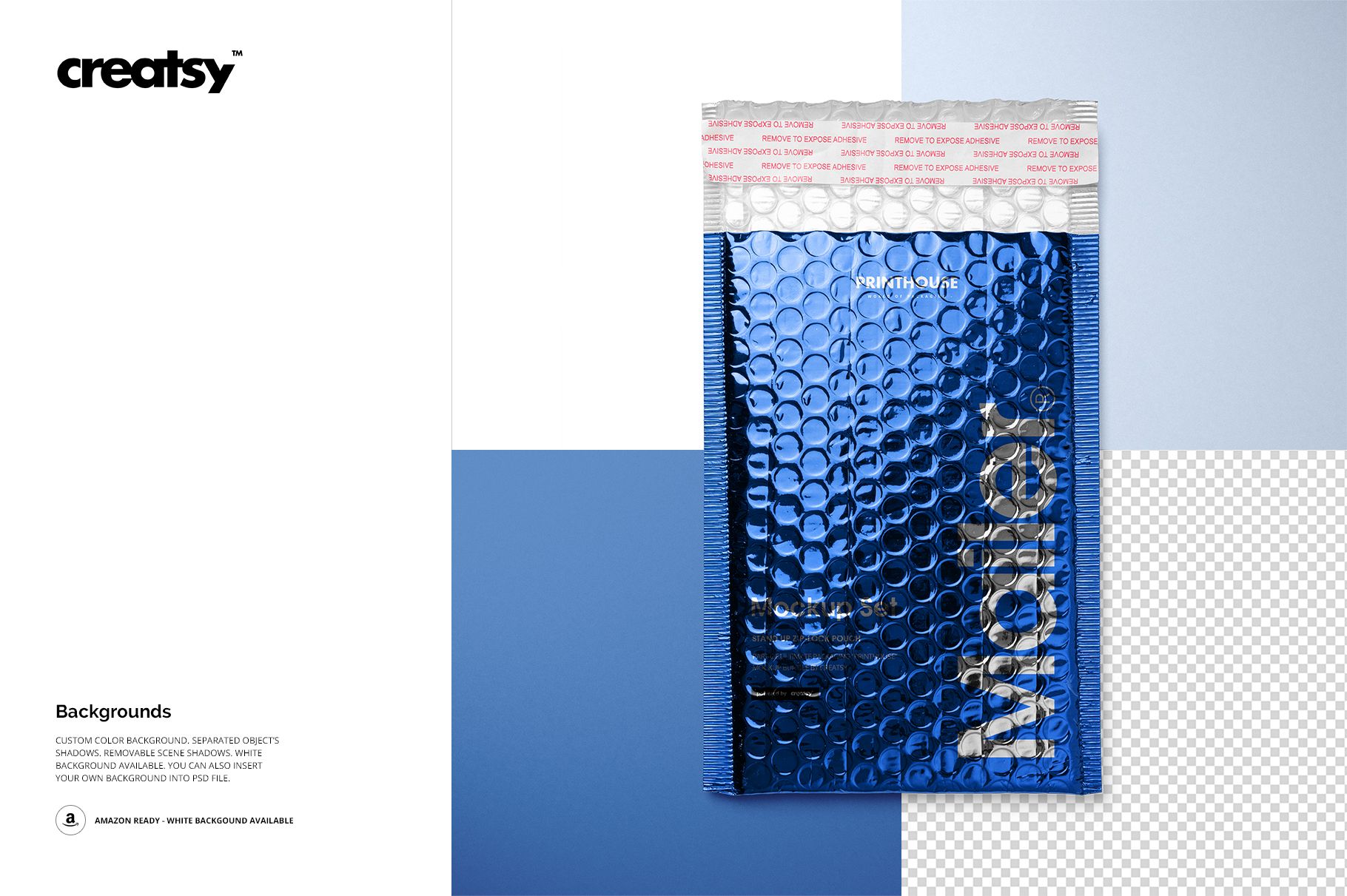 Front view of a metallic blue bubble mailer with a reflective surface, shown on a customizable mockup background.