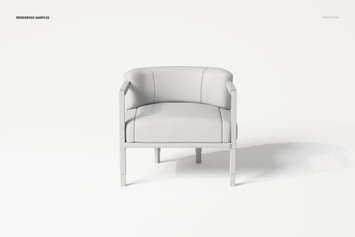 Front view of a modern art deco armchair with light gray upholstery and straight wooden legs on a white background.